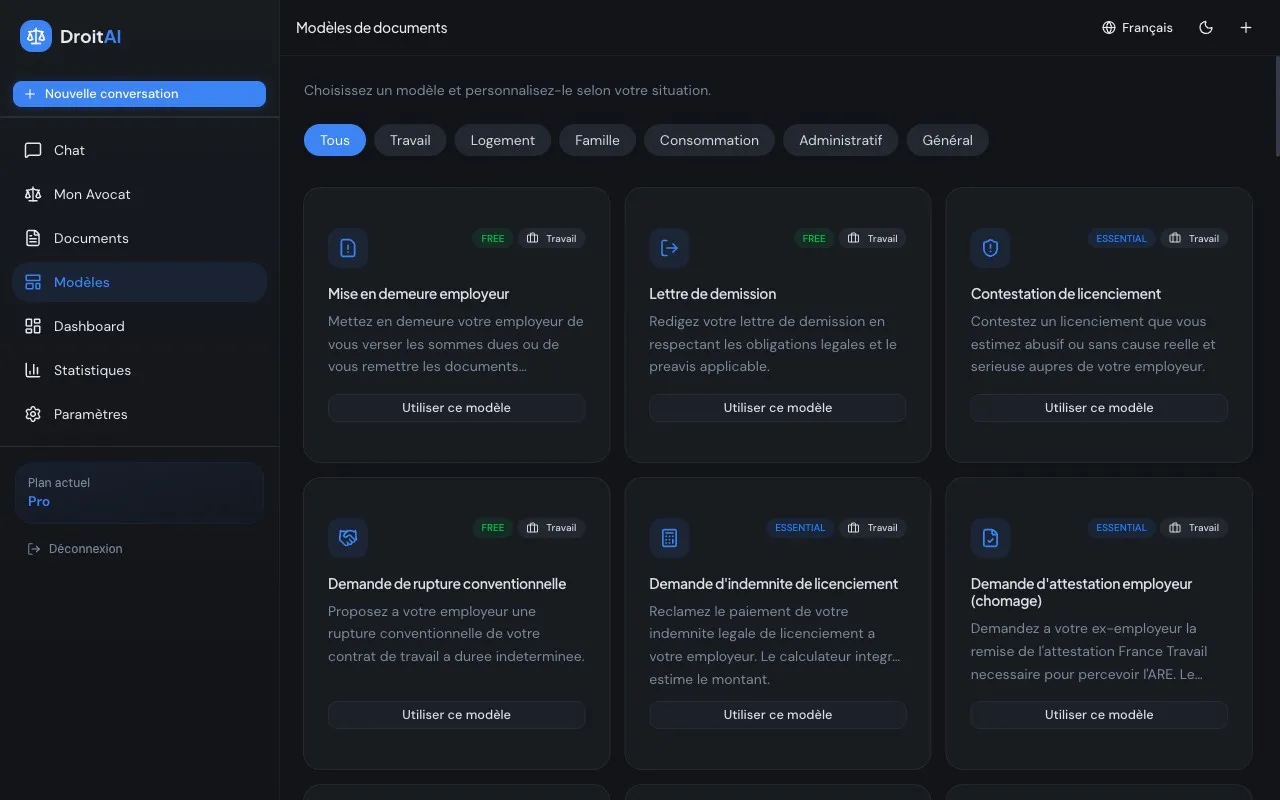 DroitAI — Interface avec modeles de documents juridiques
